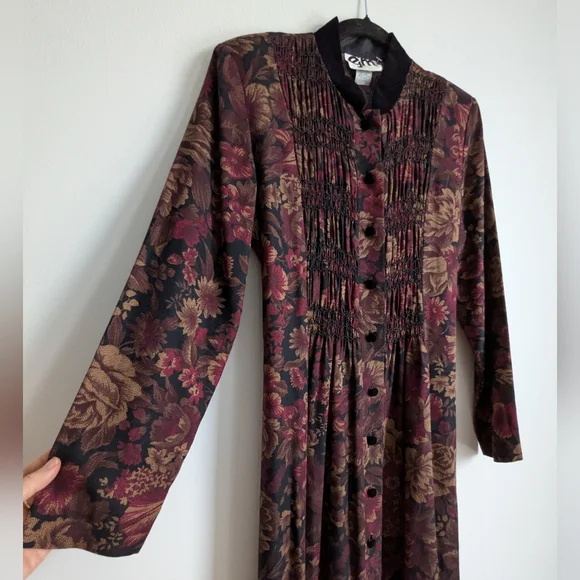 Vintage 80s Victorian Gothic Floral Prairie Dress With Velvet Collar 8 Burgundy - Picture 4 of 8